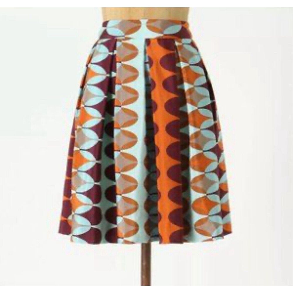 Anthropologie HD in Paris Silk Skirt Women 00 Blue Orange Pleated Art Deco Mod